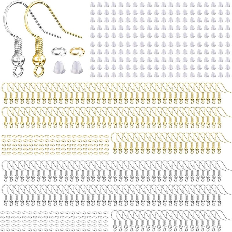 Aiythouy Hypoallergenic Earring Hooks, 600 Pcs Earring Making Supplies Kit with Earring Hooks, Jump Rings and Earring Backs for Jewelry Making (Silver and Gold) - Image 1